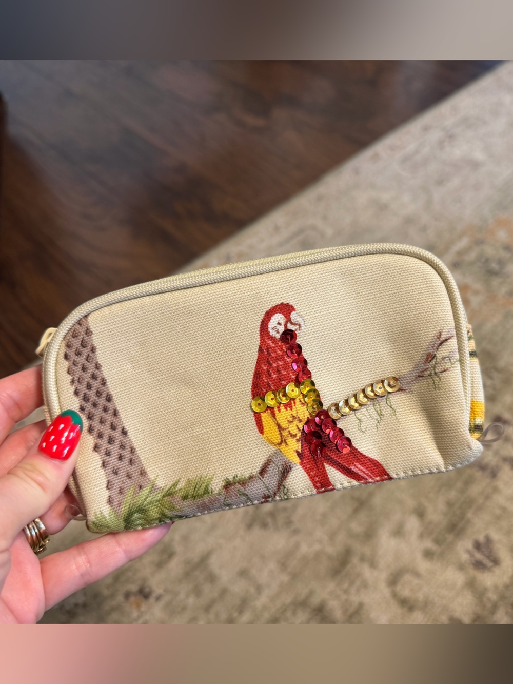 Beaded Parrot Canvas Zip Pouch - Beige & Red